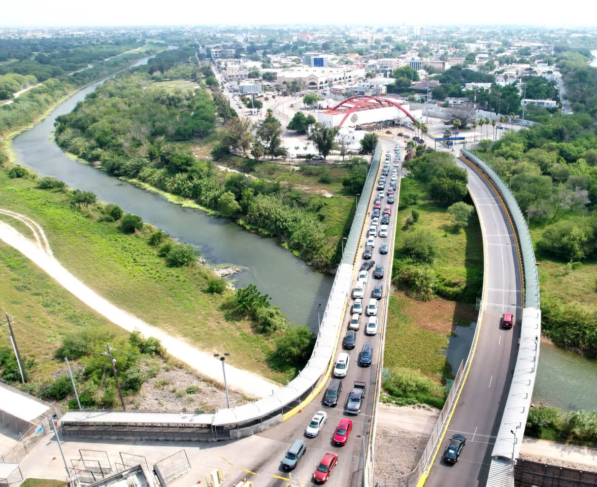 Aerial shot of traffic crossing Gateway International Bridge