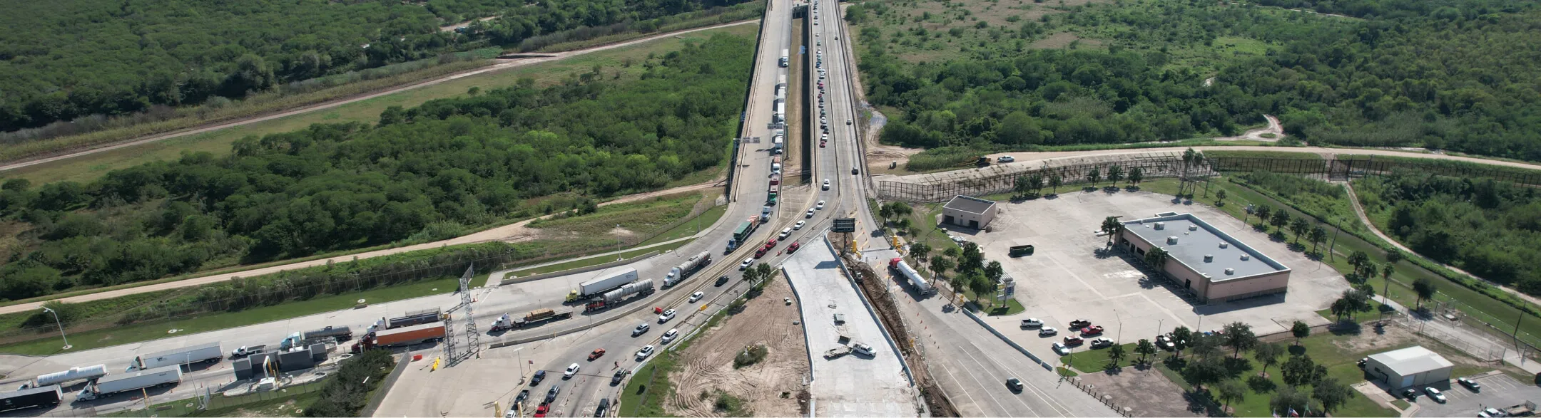 Overhead shot of traffic crossing Veterans International Bridge